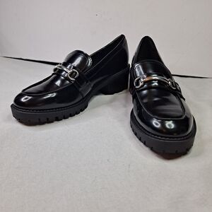 Marc Fisher Dancel Block Heel Womens Sz 9.5 Black Patent Loafer Horsebit Shoes